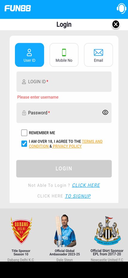 FUN88 App Login Step 1